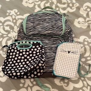 Zebra Print Backpack with Polka Dot Lunch Box and Grid Pencil Case Bundle